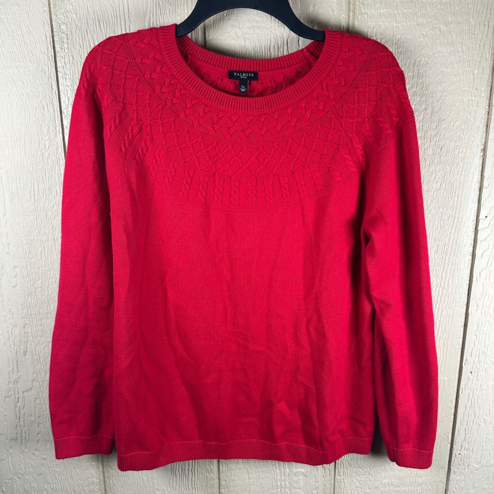 Talbots Sweater Womens Large Petite LP Red Cable Knit Cashmere Blend Pullover